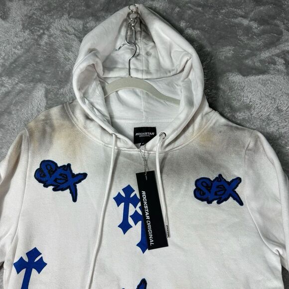 Rockstar Original Sweat Suit Mens‎ S White Hoodie Pants Cross Spray Paint Retro - Picture 12 of 16